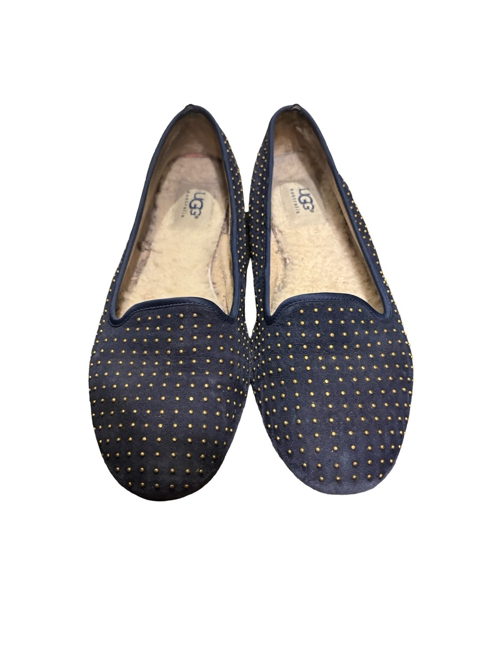 UGG Australia Alloway Navy Suede Studded Sheepskin-Lined Flats - size
